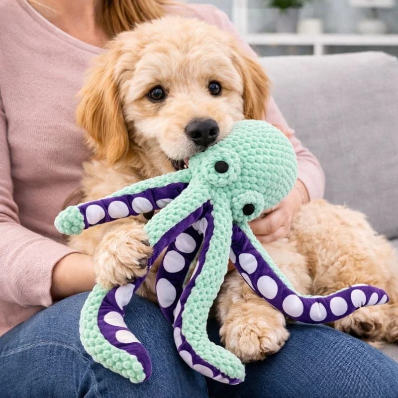 Small golden puppy playing with a soft octopus plush dog toy while sitting on its owner's lap