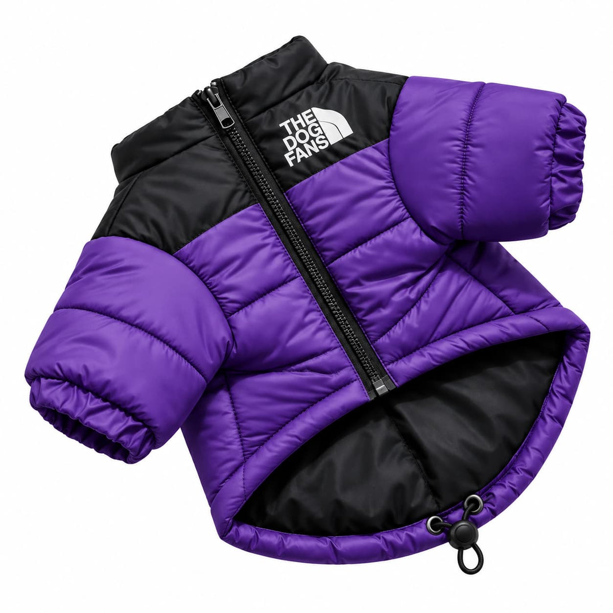 Purple and black padded dog puffer jacket designed for comfortable cold weather wear
