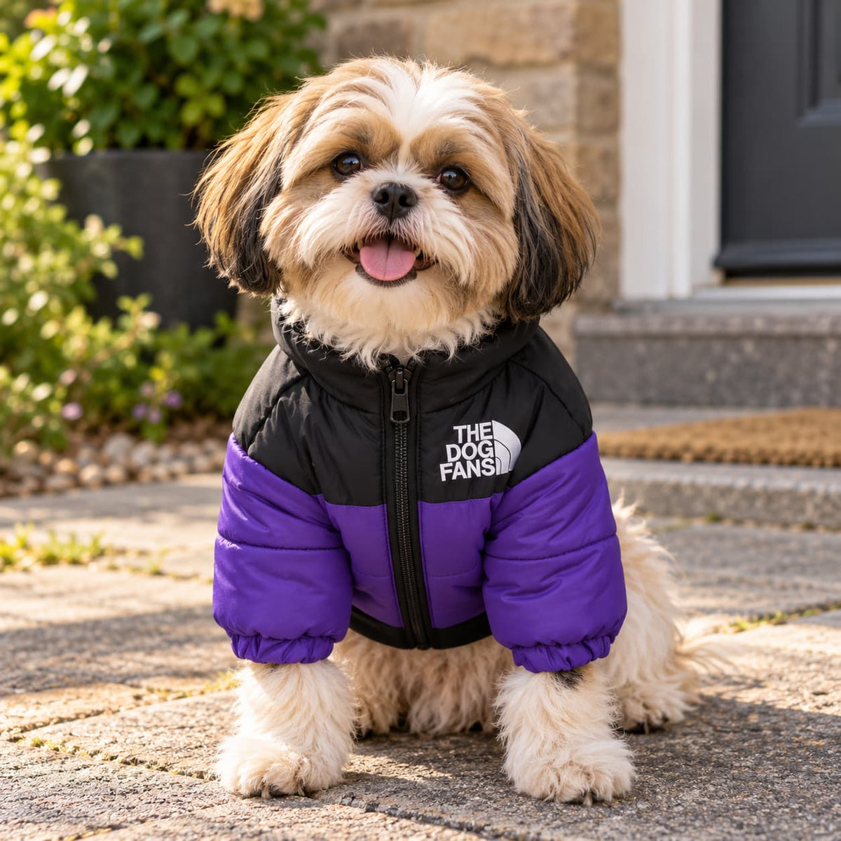 Small dog wearing a purple and black padded winter jacket outdoors during cold weather