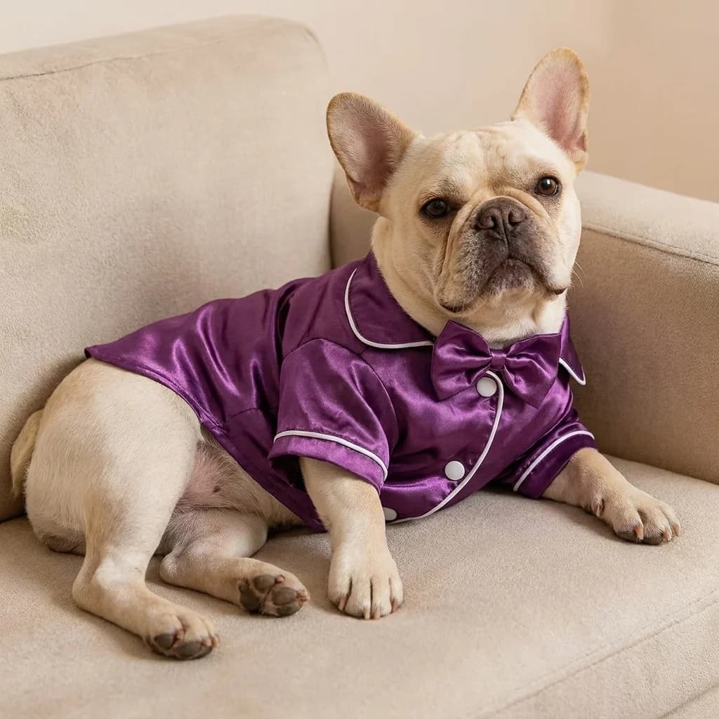Small French Bulldog relaxing on a cream sofa while wearing glossy purple satin dog pyjamas with white piping