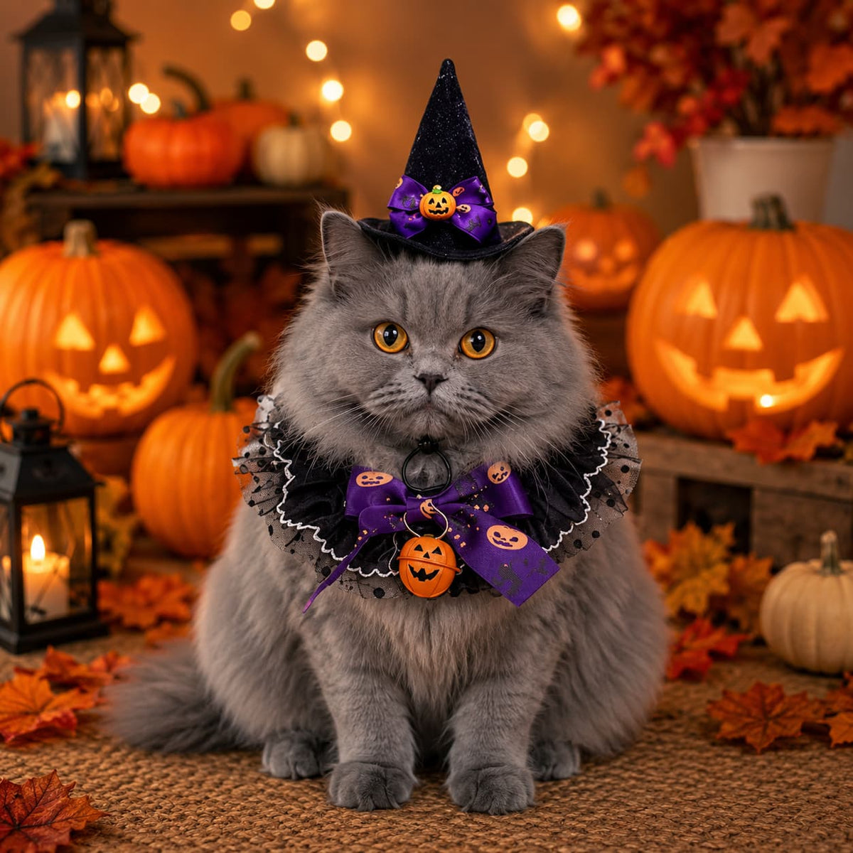Grey cat wearing a purple witch Halloween costume surrounded by pumpkins and Halloween decorations