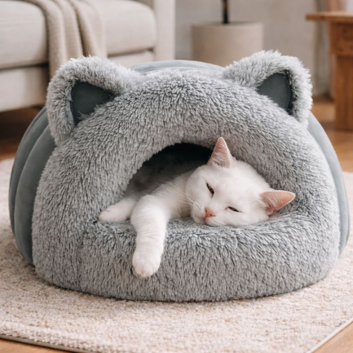 ScritchPets Plush Cave Cat Bed