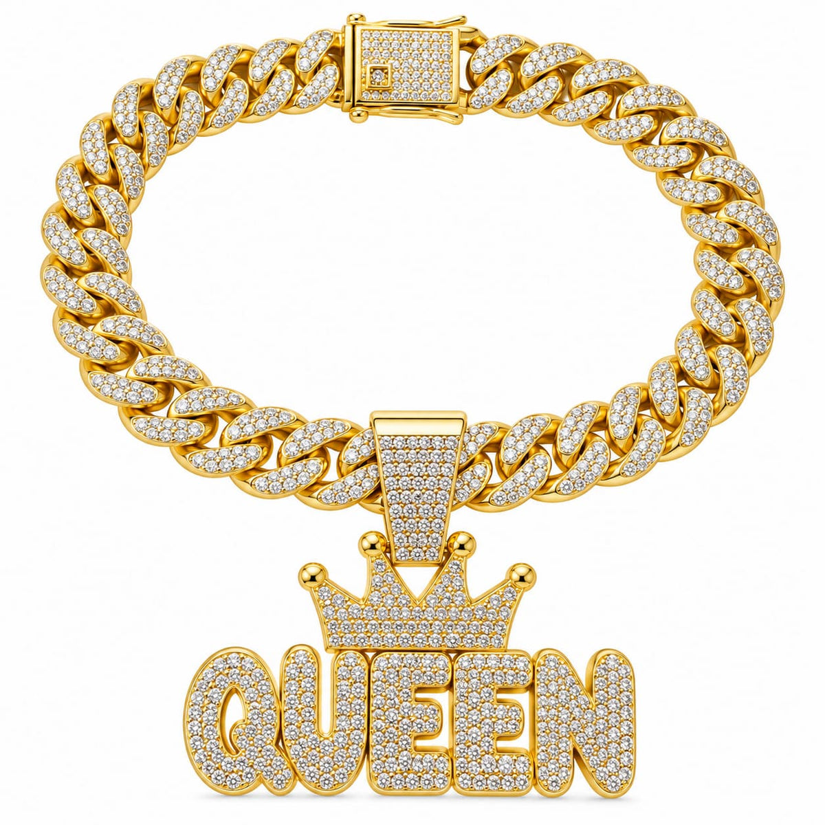 Gold Cuban link dog chain with diamond style Queen crown pendant on white background