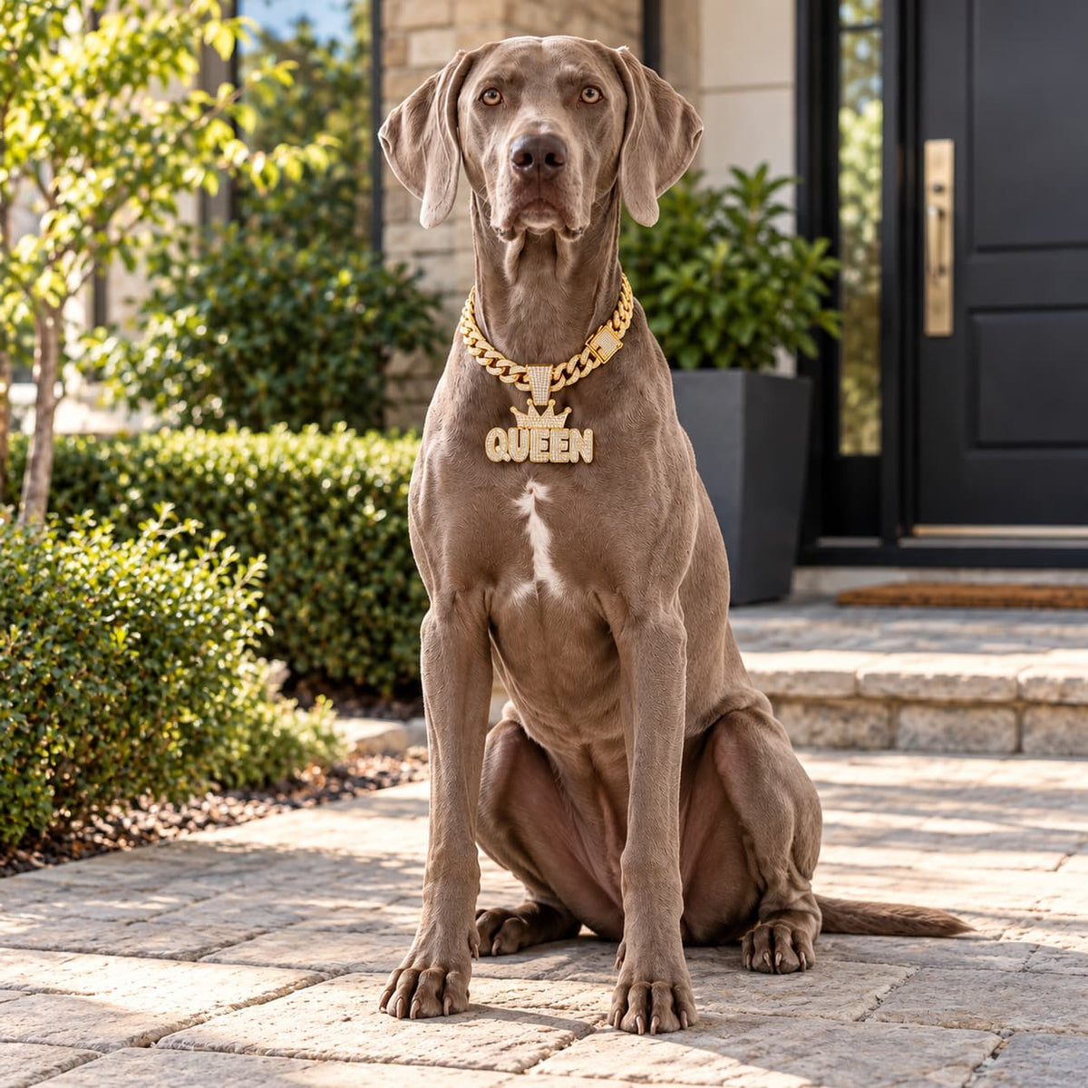 Large grey dog wearing a gold chain necklace with Queen crown pendant outdoors