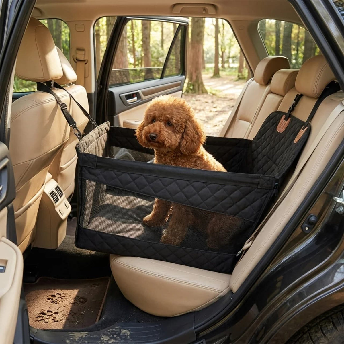 Small dog sitting inside a black quilted back seat car protector designed for pet travel