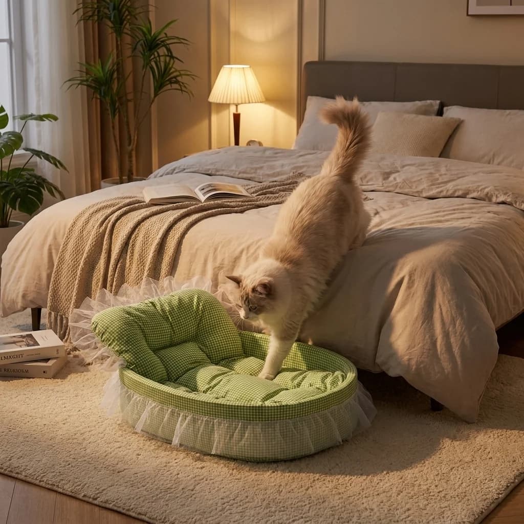 Cat settling into a green plush bed with soft raised cushioned edges in a cosy bedroom.