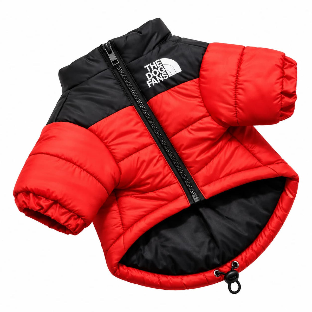 Red and black padded dog puffer jacket with sleeves, zip fastening and warm insulated design5.