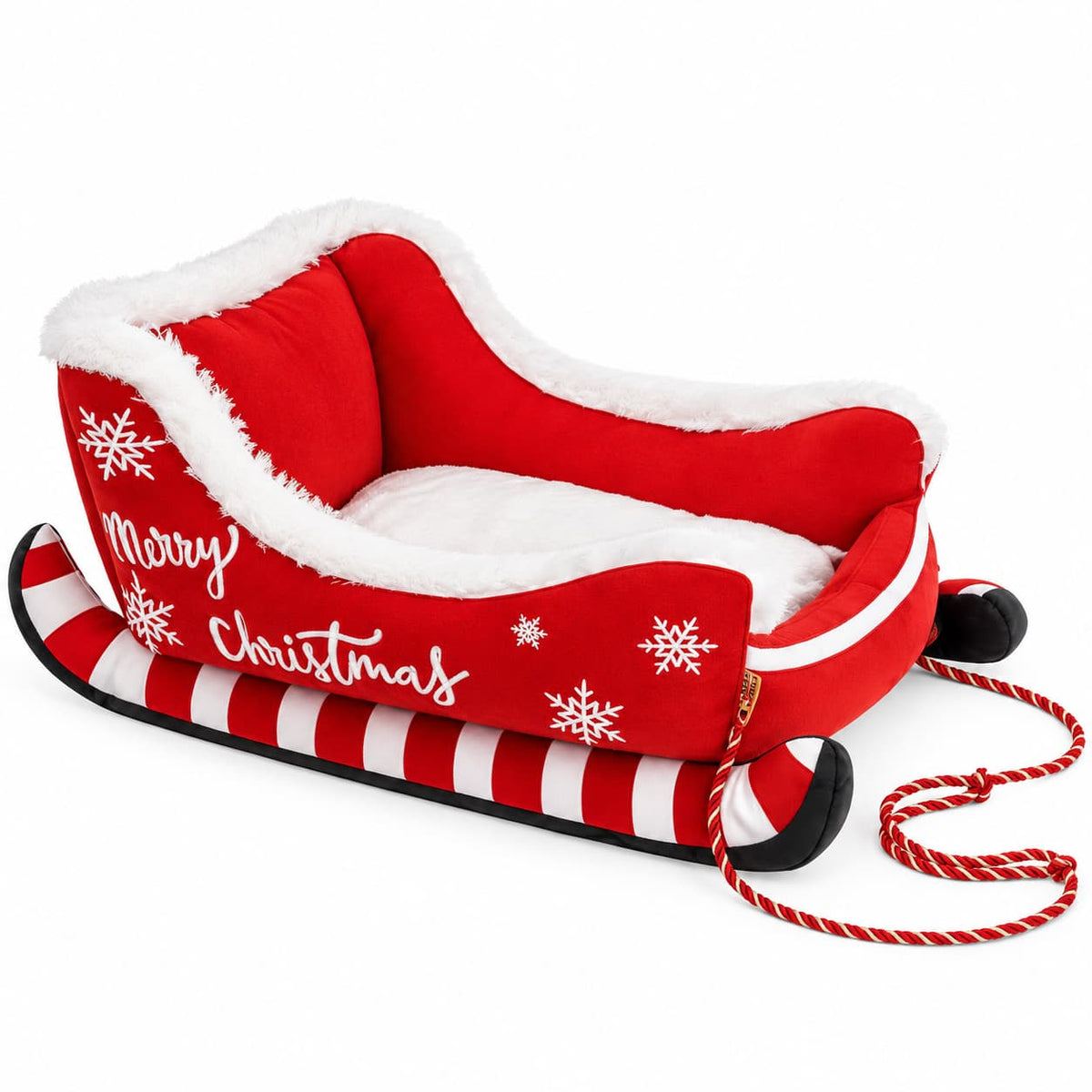 Red Christmas sleigh pet bed with soft white trim, festive design and pull rope on a white background