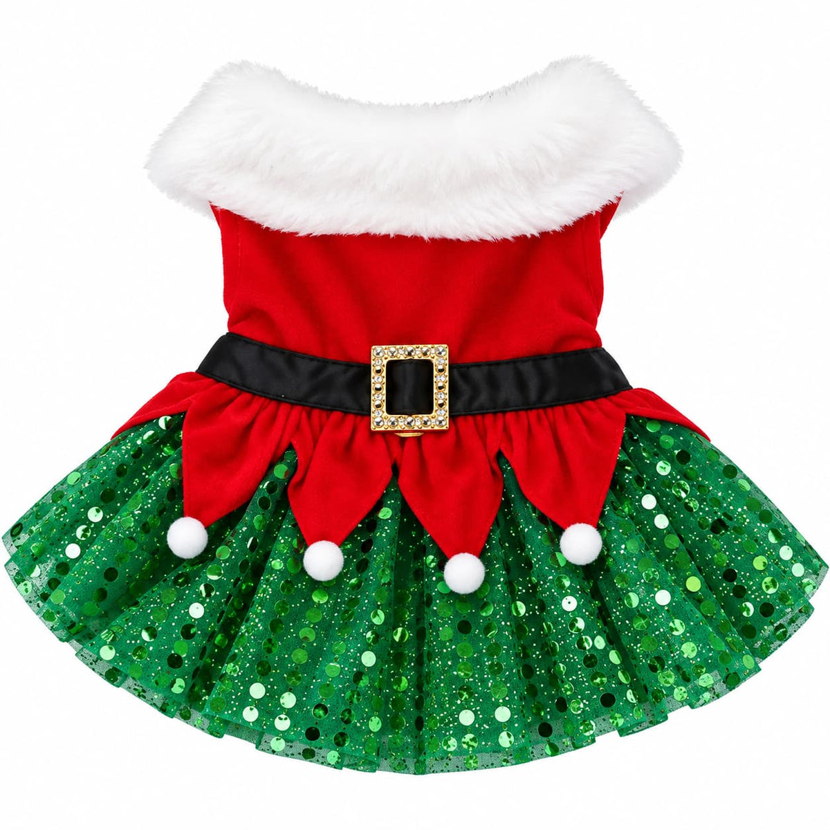 Red and green Christmas dog dress with white collar, black belt, pom pom trim and sequined skirt