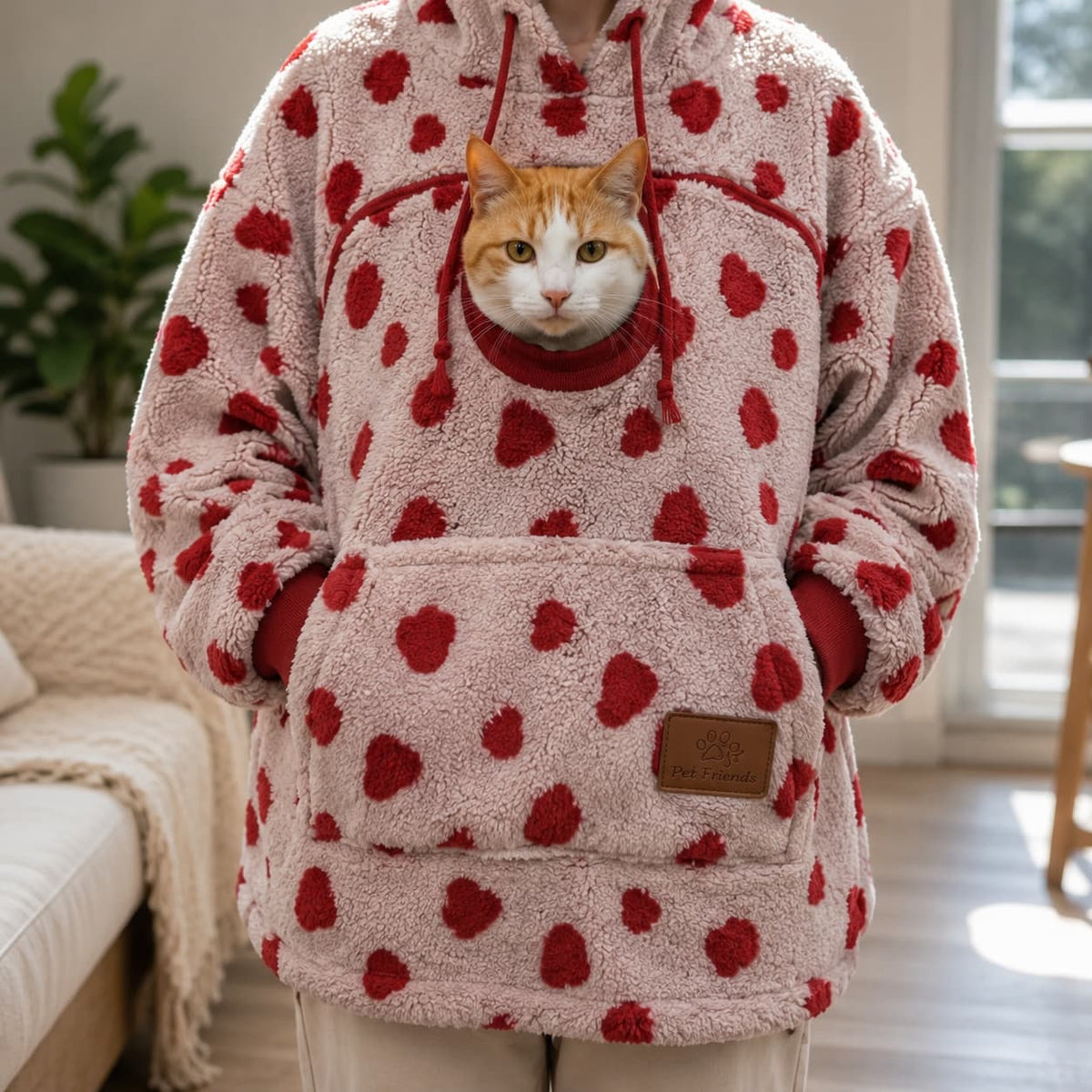 Person wearing a cosy white fleece pet carrier hoodie with red heart pattern while carrying a cat in the front pocket