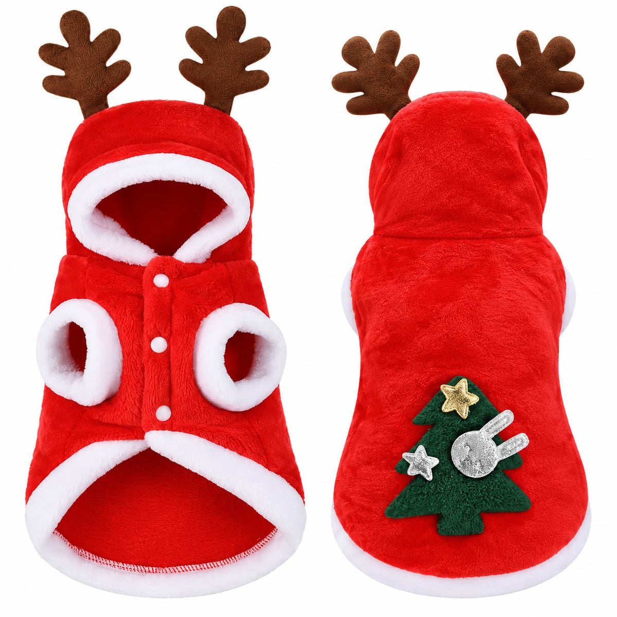 Red Christmas dog costume with reindeer antlers, white trim and festive Christmas tree decoration