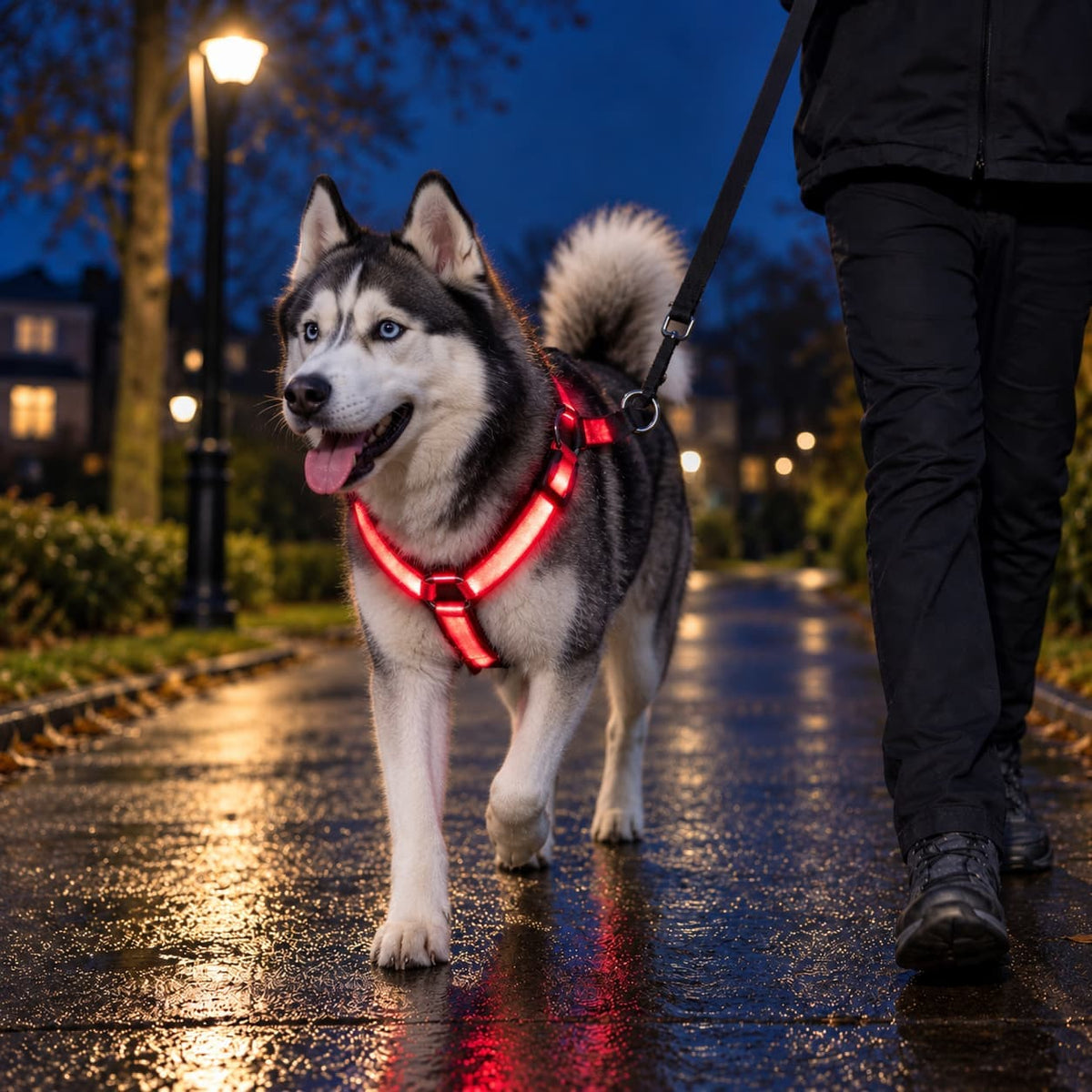 Dog wearing a bright red LED safety harness while walking on a lead at night