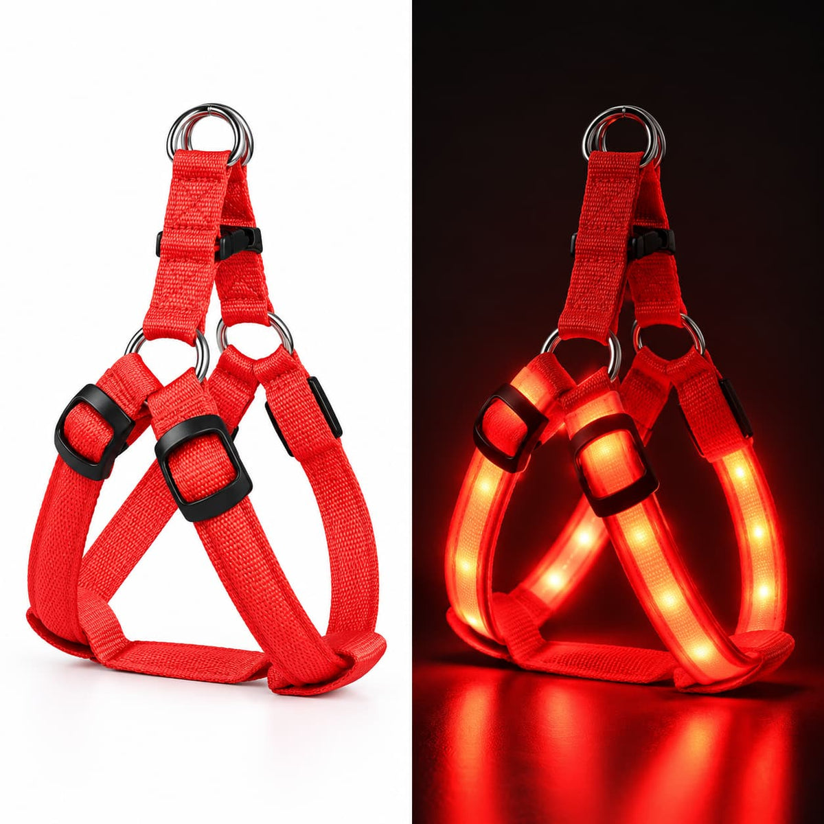 Red LED dog safety harness shown illuminated against a dark background for enhanced visibility