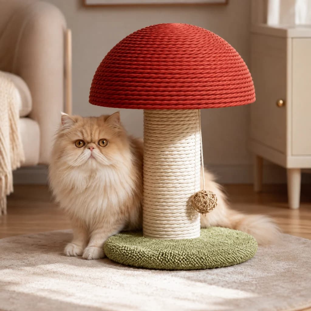 Fluffy cat beside a red mushroom shaped cat scratching post with sisal column and green base in a cosy home