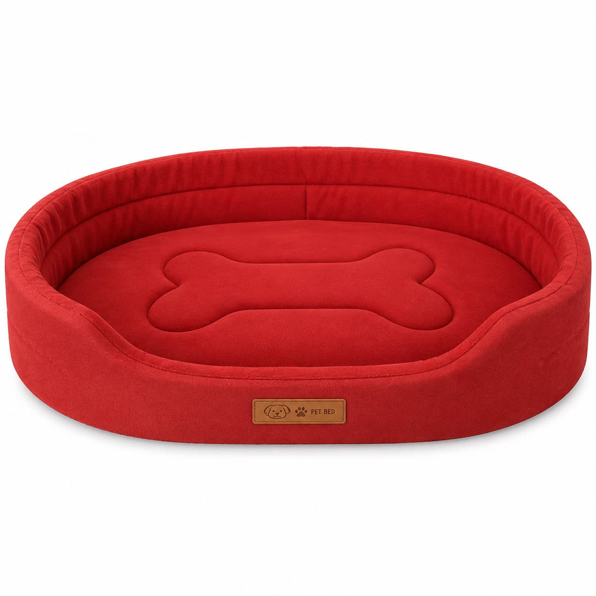 Red oval orthopedic dog bed with raised supportive sides and bone-shaped padded sleeping area
