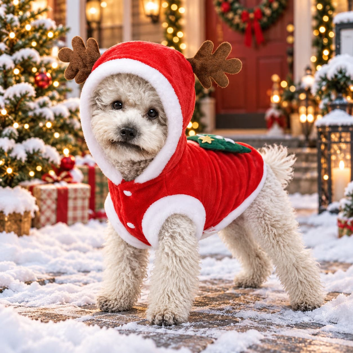 Small dog wearing a red hooded Christmas costume with reindeer antlers in a festive setting