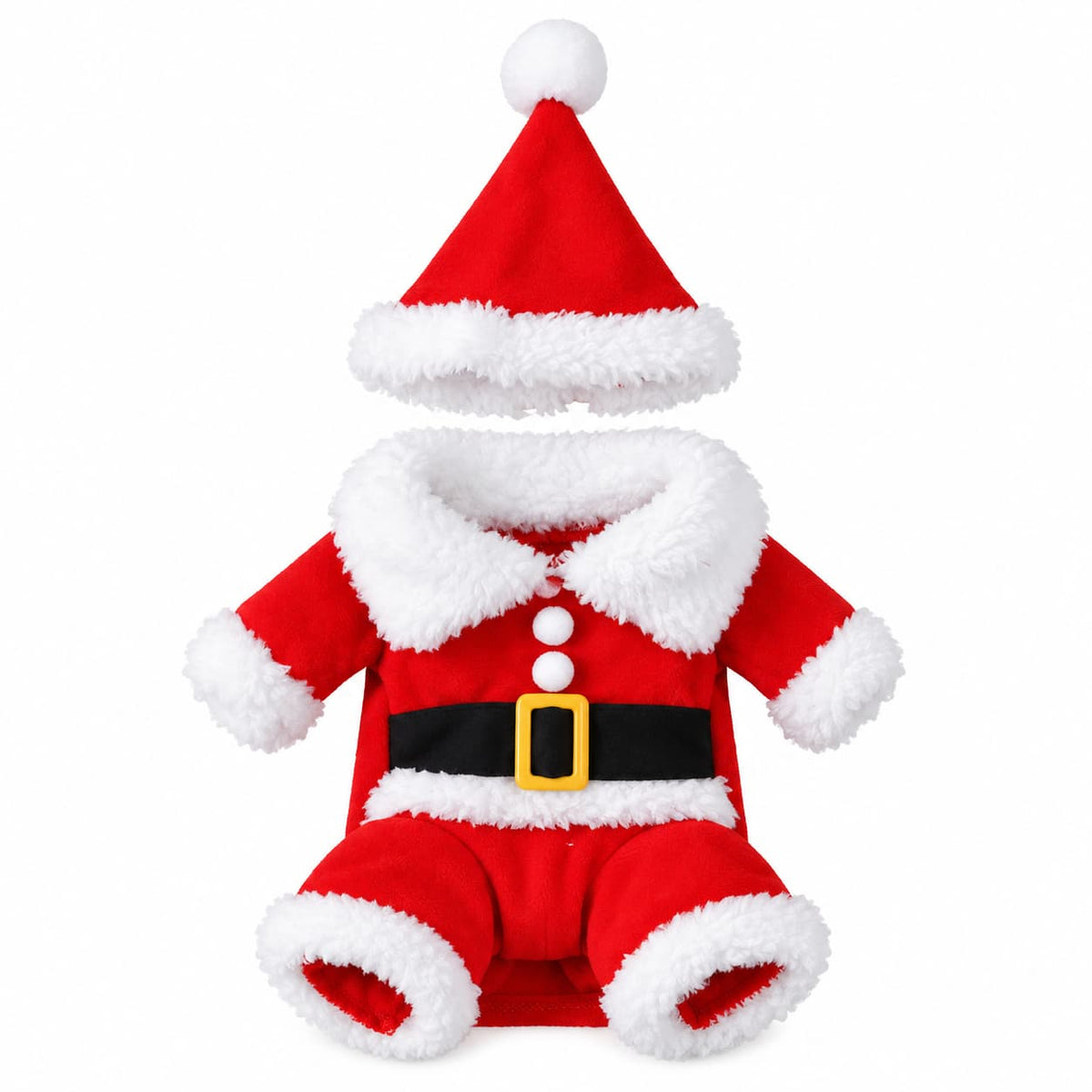 Red and white Santa pet costume with hat, faux fur trim and belt displayed on a white background.