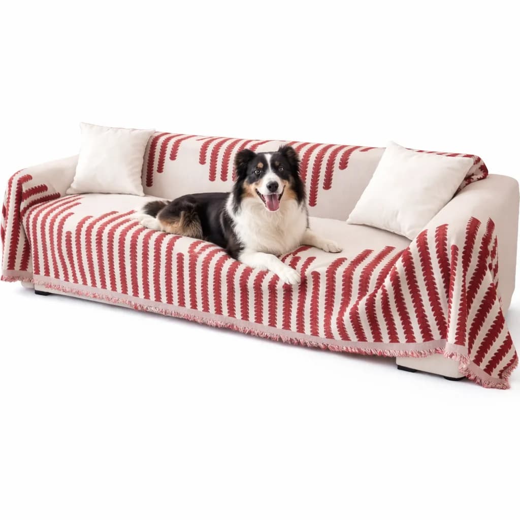 Black and white cat relaxing on a red striped pet sofa cover for everyday furniture protection