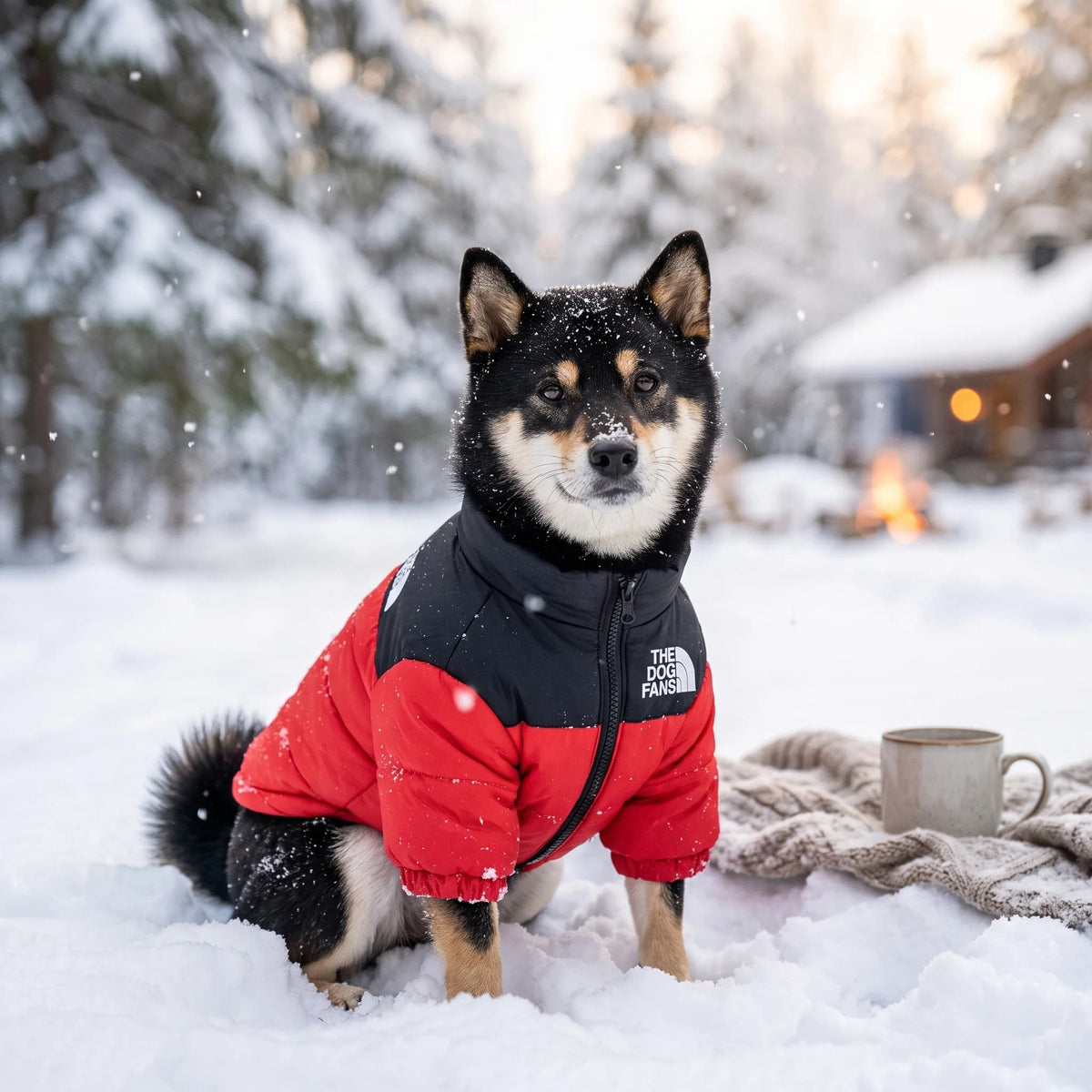 Black Shiba Inu wearing a red and black padded winter dog jacket outdoors in the snow