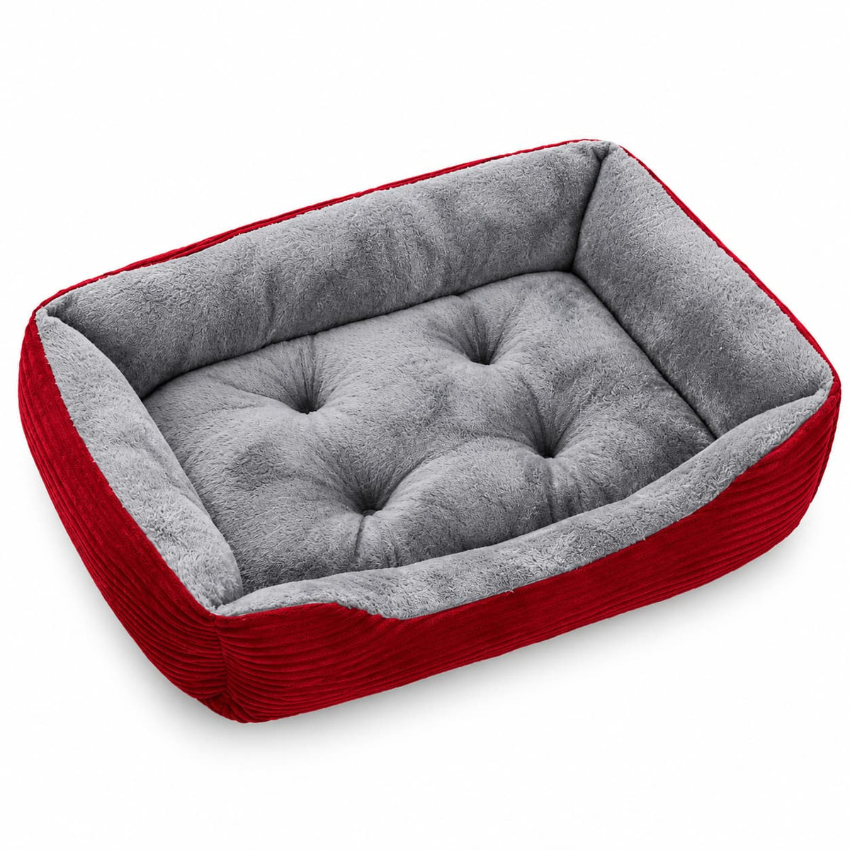 Red rectangular pet bed with plush grey tufted cushion and supportive raised sides