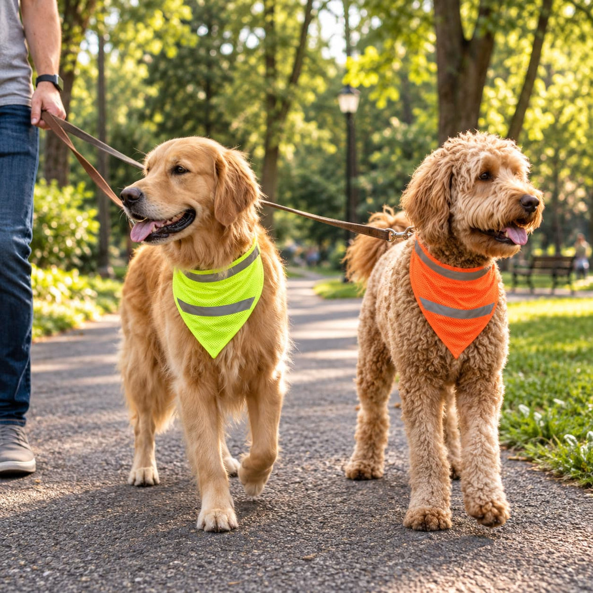 Two dogs wearing neon yellow and orange reflective safety bandanas during an outdoor walk