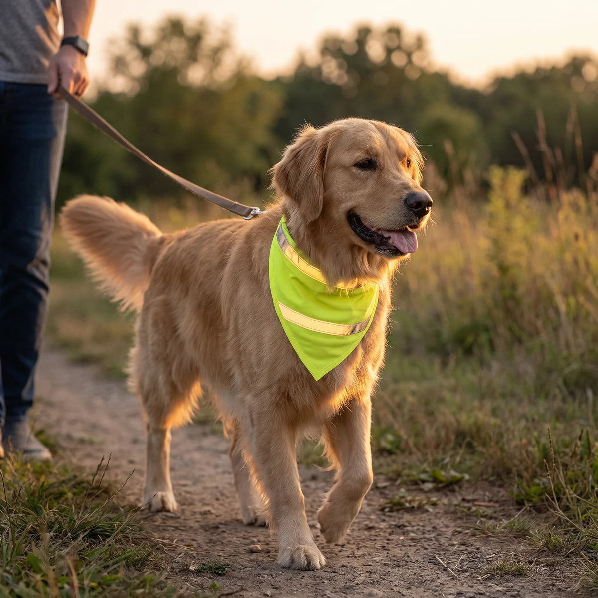 Golden Retriever wearing a neon yellow reflective dog bandana while walking outdoors on a lead