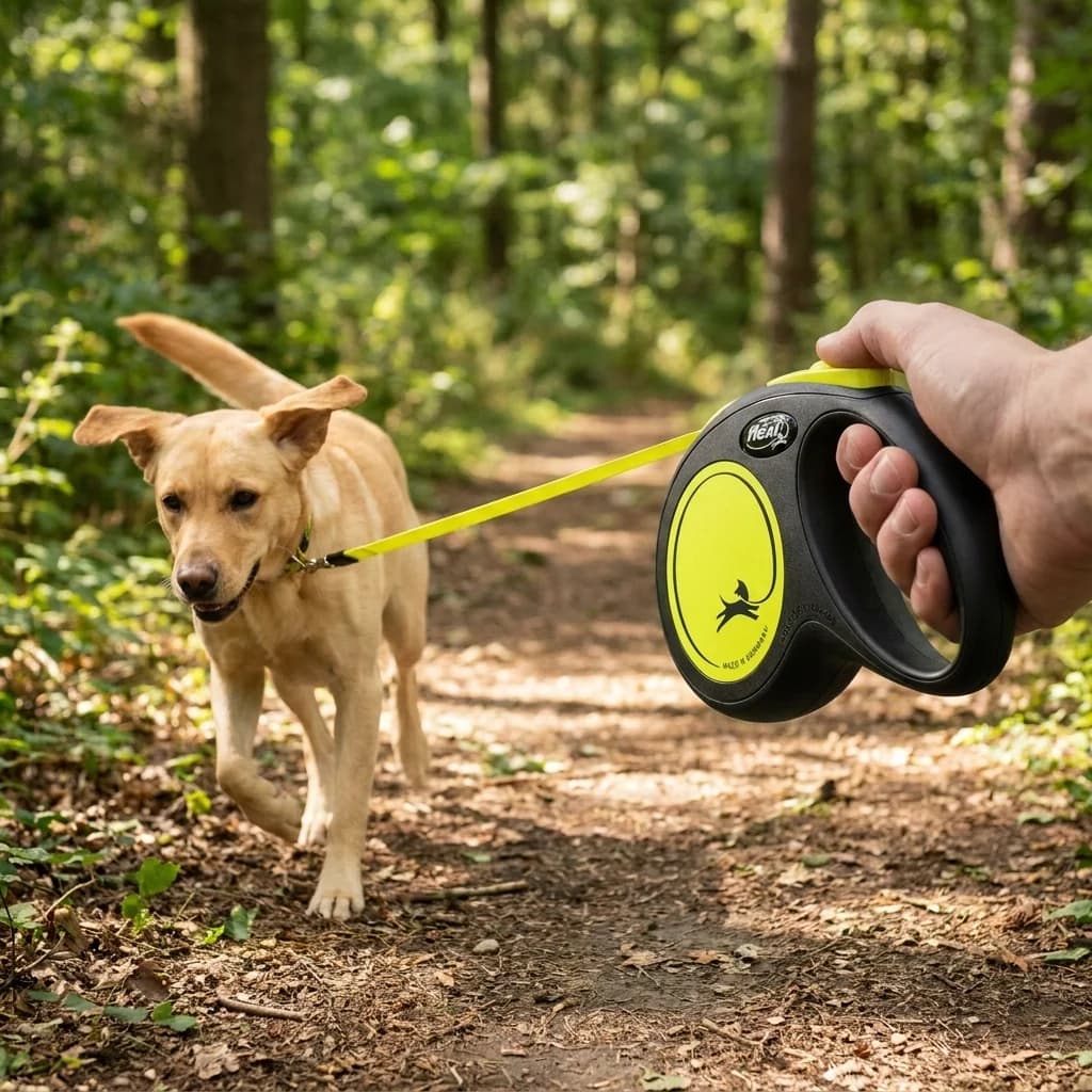 Dog walking on a woodland trail using a yellow retractable dog lead