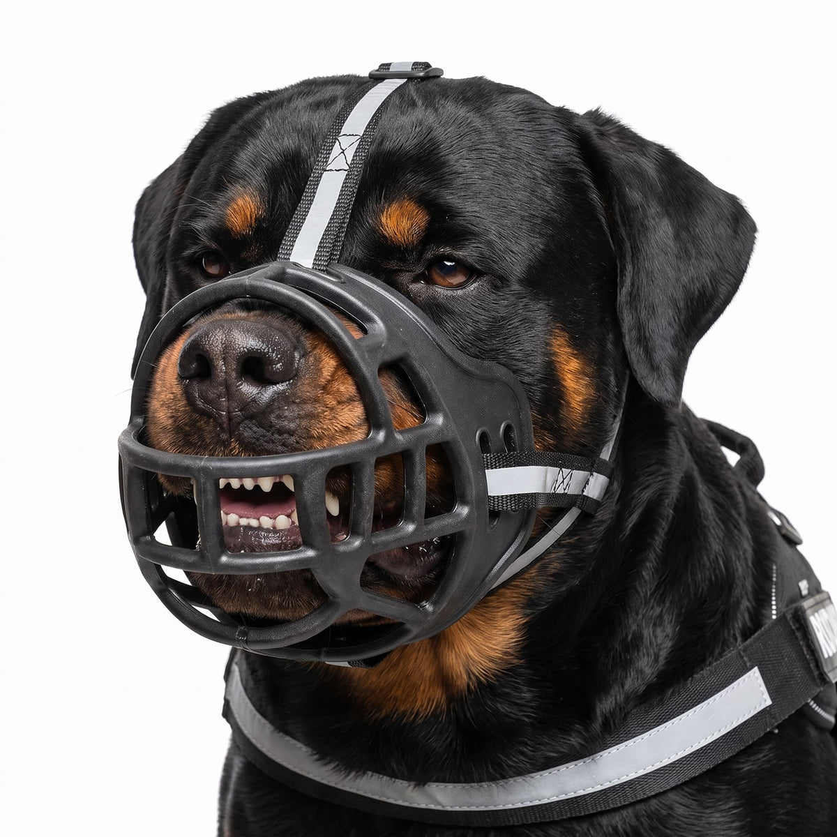 Rottweiler wearing a secure breathable dog muzzle with reflective straps for safer walking and training