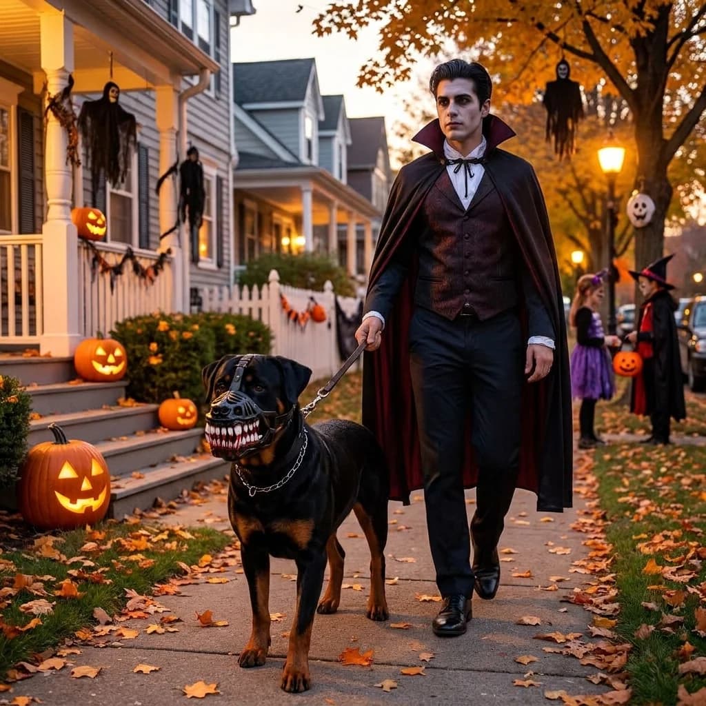Rottweiler wearing a scary teeth muzzle walking beside its owner through a decorated neighbourhood during Halloween