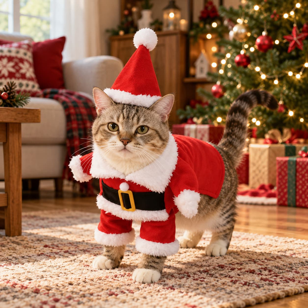 Cat wearing a red and white Santa Christmas costume with hat and belt in a cosy festive home.