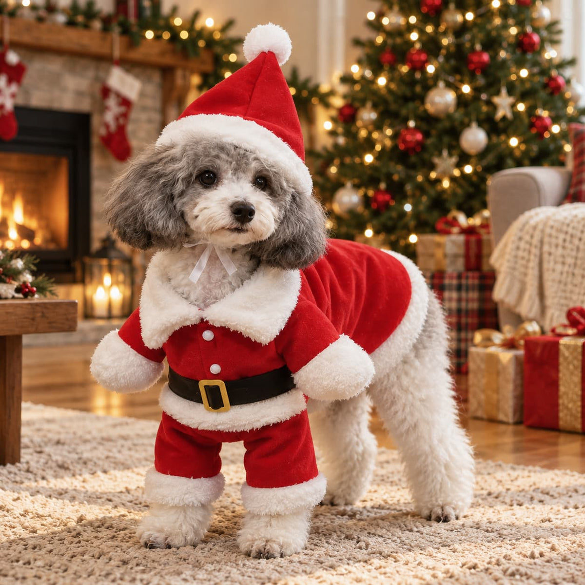 Small dog wearing a red and white Santa Christmas costume with hat and belt in a festive living room.