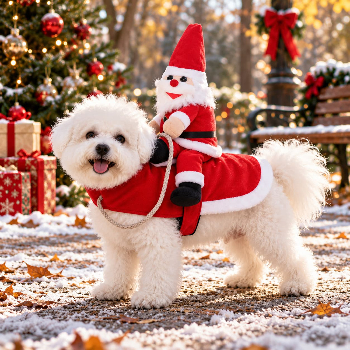 Small white dog wearing a red Santa rider Christmas costume with a plush Santa figure in a festive snowy setting