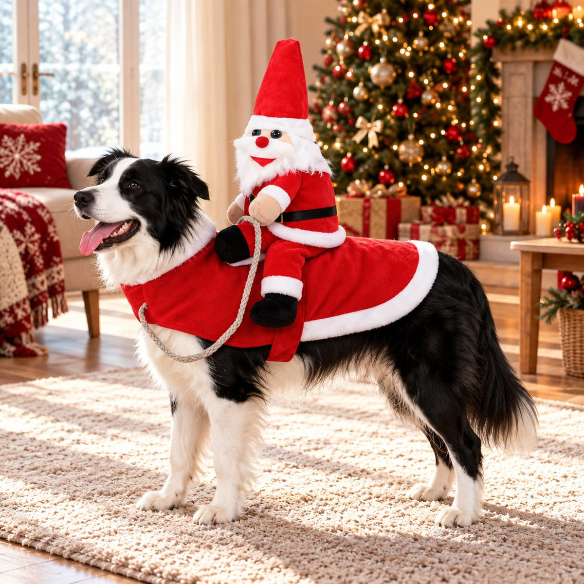 Border Collie wearing a Santa rider dog costume with a red saddle and plush Santa figure in a festive Christmas setting