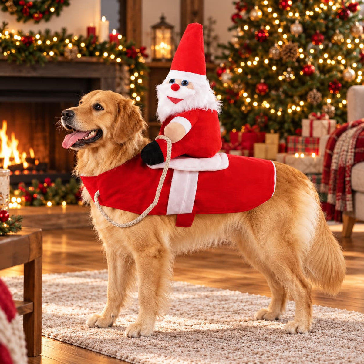 Golden Retriever wearing a festive Santa rider costume with a red saddle and plush Santa figure beside a Christmas tree