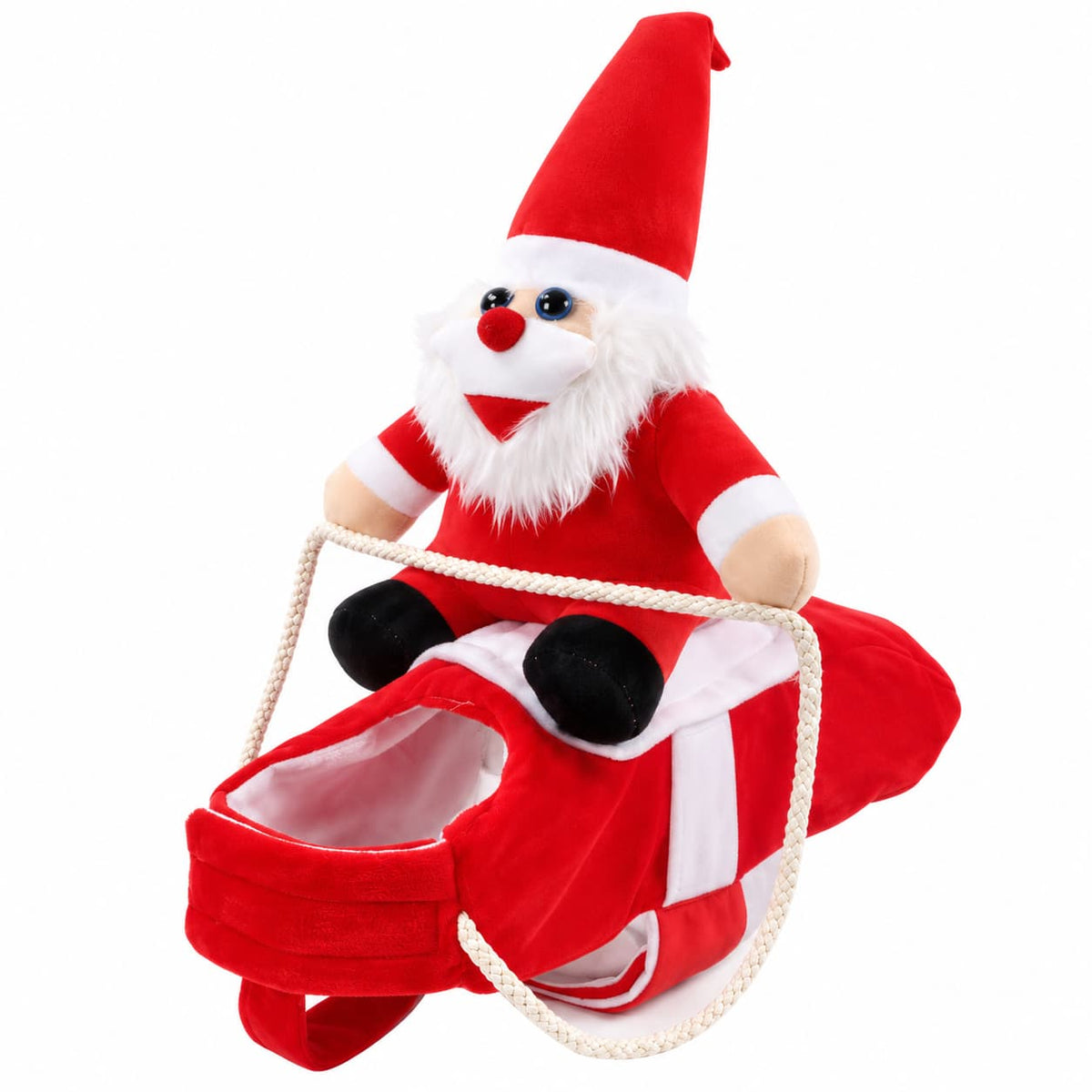 Red Santa rider dog costume featuring a plush Santa figure and saddle design shown on a white background