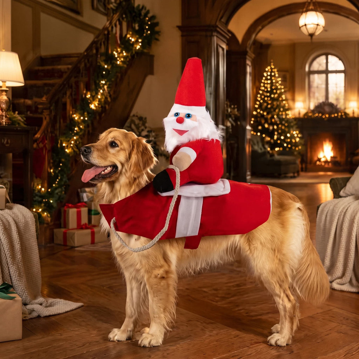 Golden Retriever wearing a Santa rider dog costume with a red saddle and plush Santa figure beside a Christmas tree