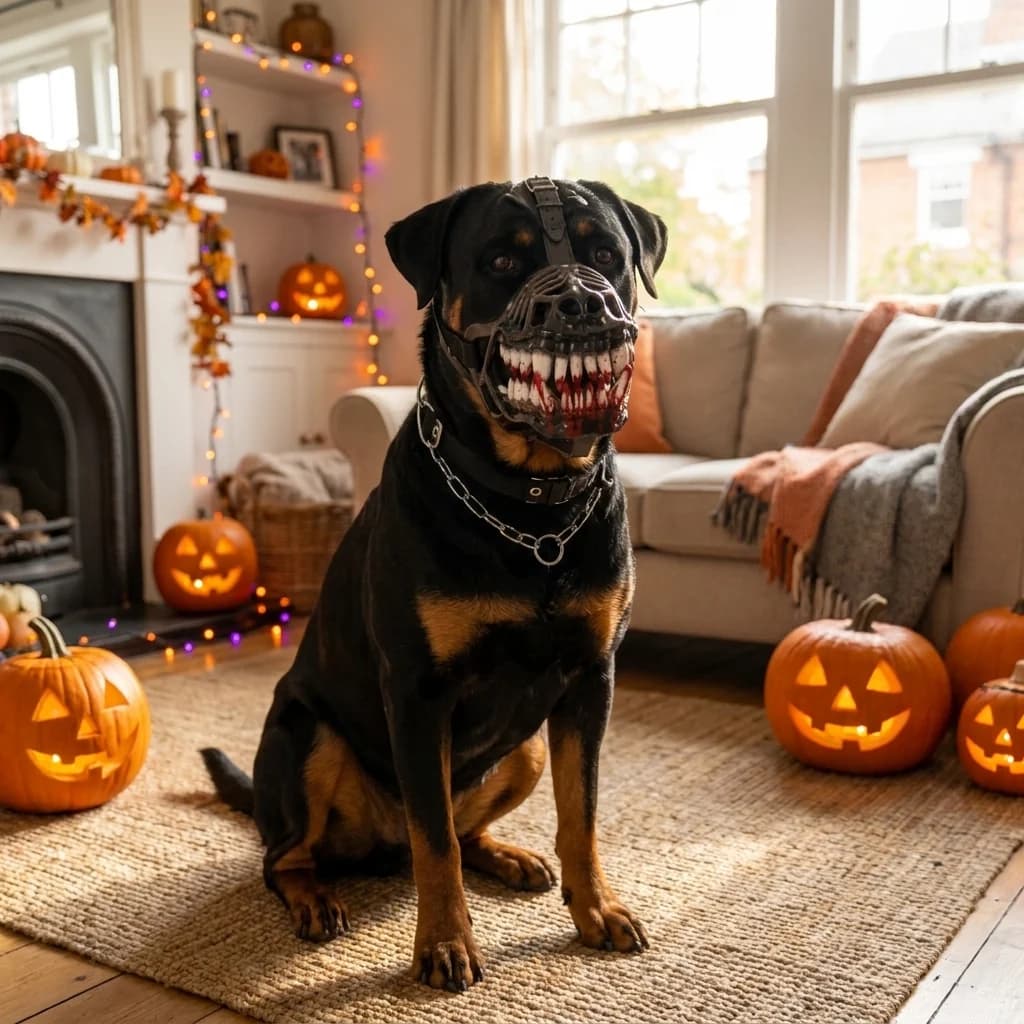 Rottweiler wearing a realistic scary teeth dog muzzle in a cosy Halloween decorated living room with pumpkins