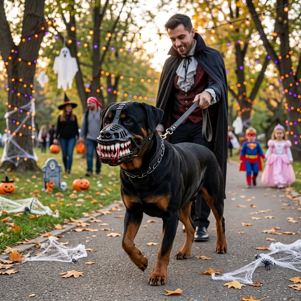 Rottweiler wearing a frightening teeth dog muzzle during an outdoor Halloween walk surrounded by autumn decorations and trick or treat activity