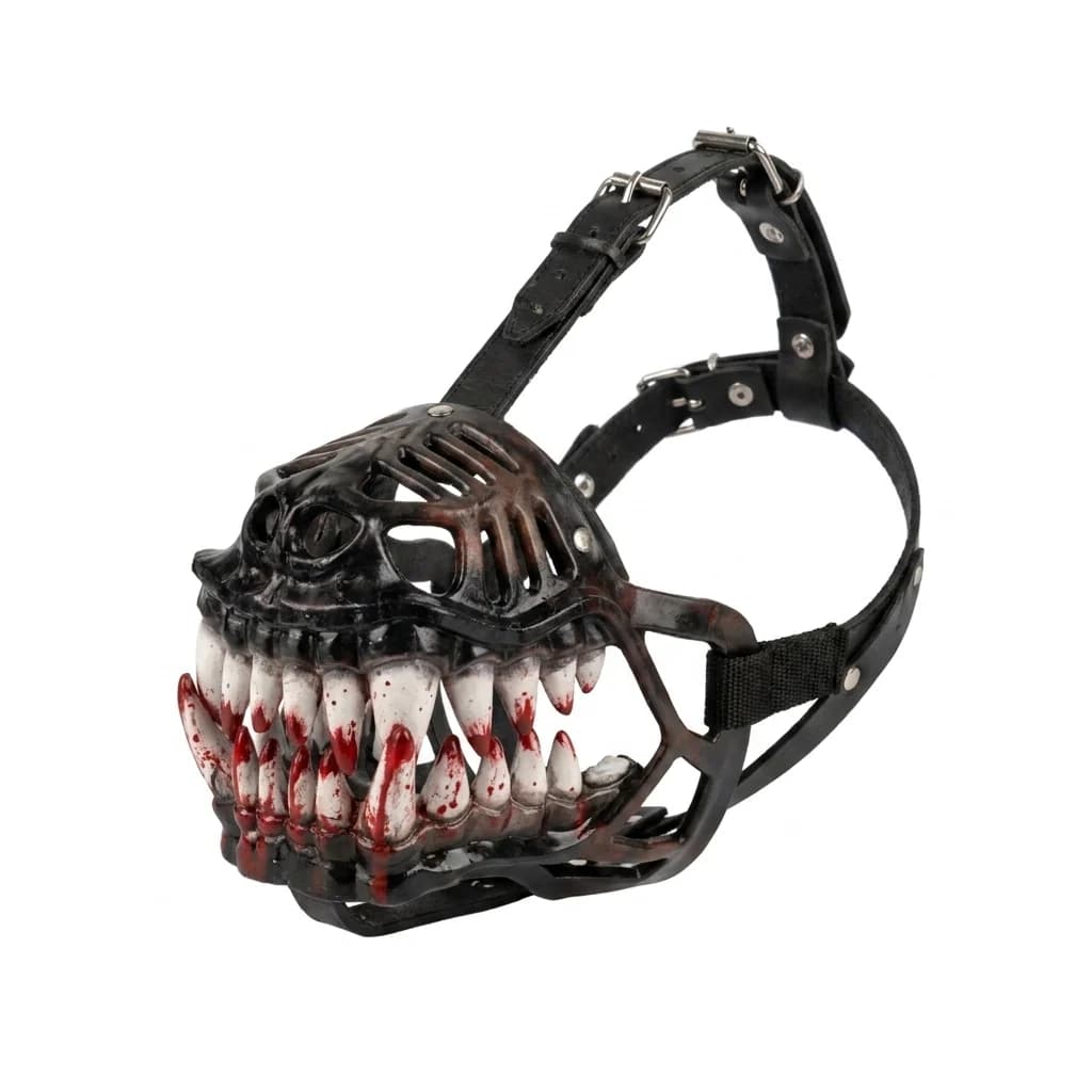 Black scary teeth dog muzzle with adjustable straps displayed on a clean white background