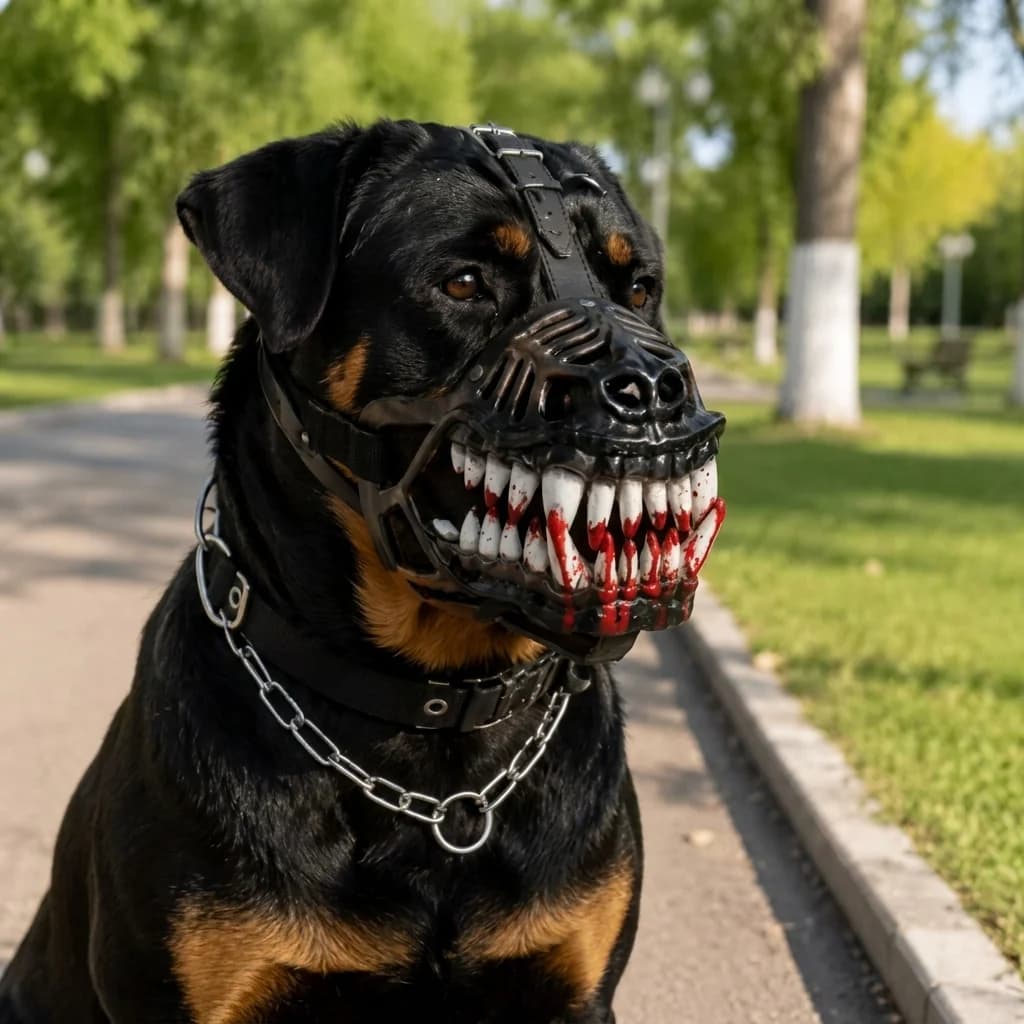 Close up of a Rottweiler wearing a realistic scary teeth dog muzzle outdoors