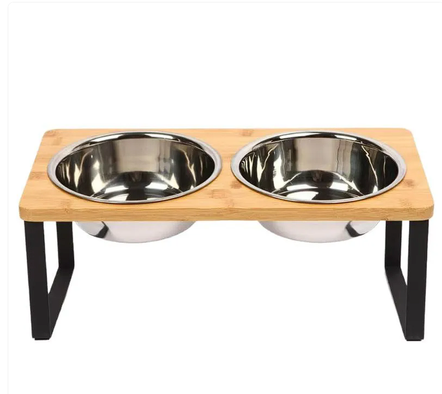 ScritchPets Wood and Iron Pet Feeding Rack with Bowls