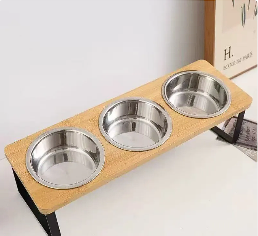 ScritchPets Wood and Iron Pet Feeding Rack with Bowls