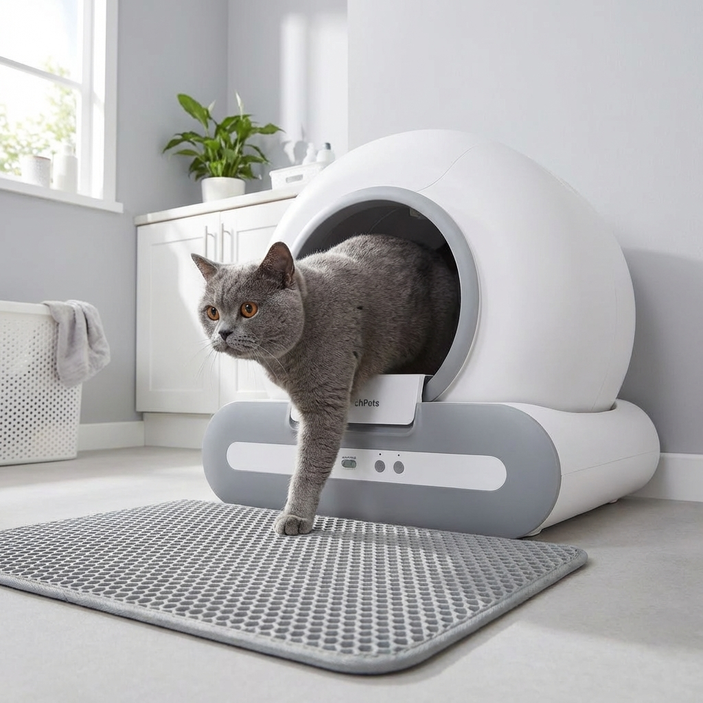 ScritchPets Self-Cleaning Litter Box with a cat coming out of the litter box