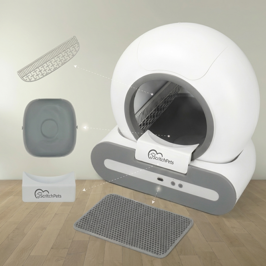 White and grey ScritchPets Self-Cleaning Litter Box set on a wooden floor with 'ScritchPets' branding.