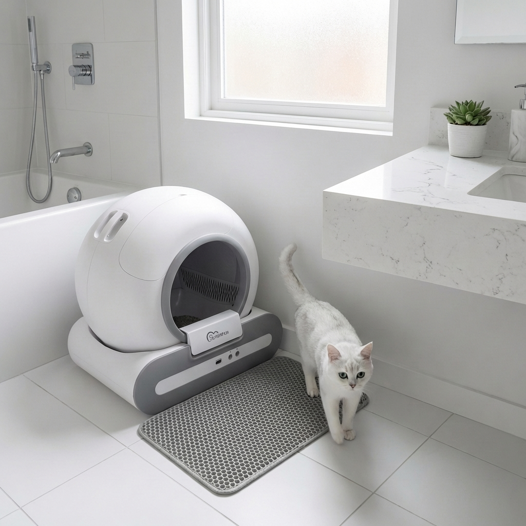 ScritchPets Self-Cleaning Litter Box with white cat standing beside it