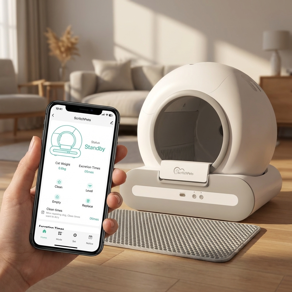ScritchPets Smart pet litter box with app control in a living room setting