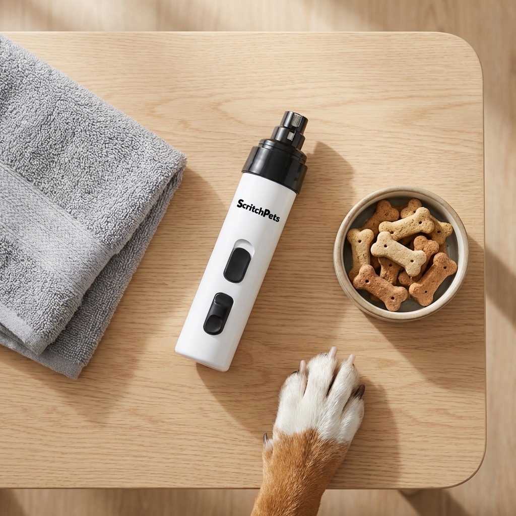 Dog grooming tool on a wooden table with a towel and dog treats.