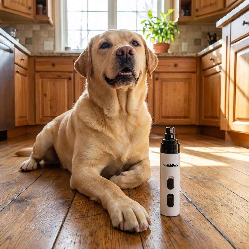 Dog sitting on a wooden floor in a kitchen with a pet ScritchPet