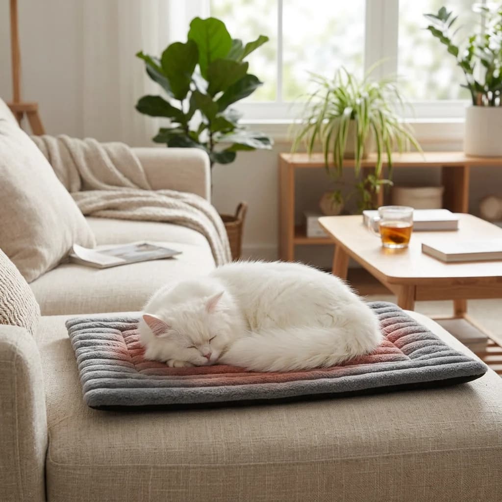 White cat relaxing comfortably on a grey self warming pet mat placed on a sofa in a bright cosy living room