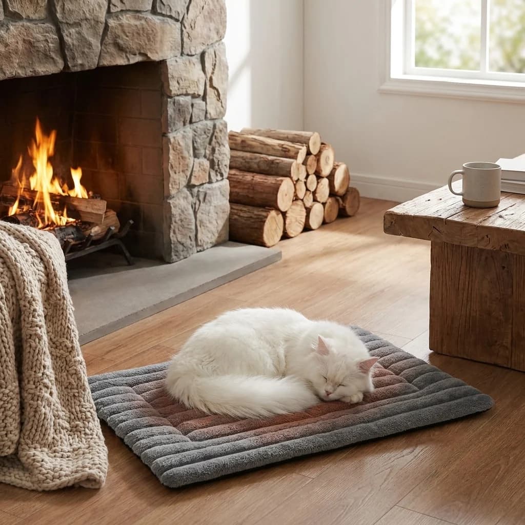 White cat sleeping peacefully on a grey self warming pet mat beside a cosy fireplace in a warm living room